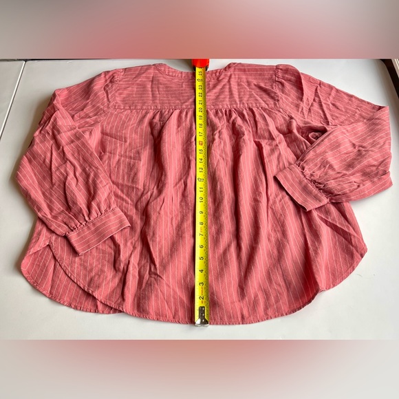 Women's LOFT Coral Pink White Striped Button Up Flowy Long Slv Blouse - Size XL - Picture 8 of 9